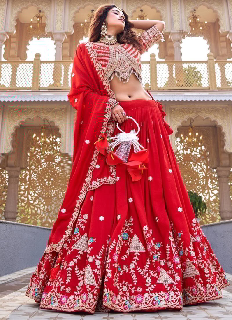 Red Vichitra Silk Sequins And Thread Embroidered Umbrella Lehenga Wedding Wear