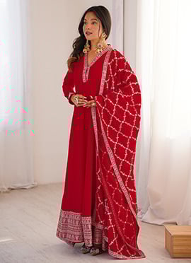 Red Vichitra Silk Sequins Embroidered Anarkali Suit