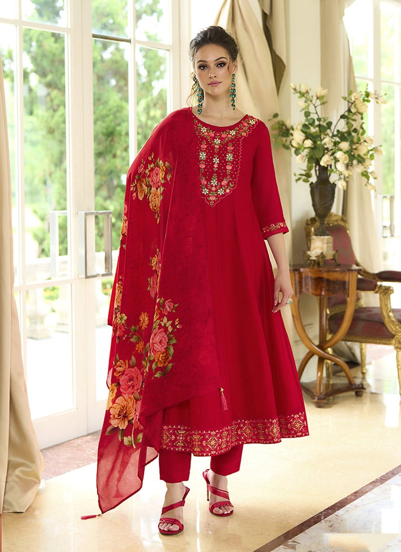 Red Vichitra Silk Sequins Embroidered And Beads Straight Pant Suit Festive Wear