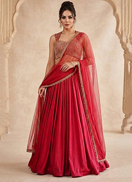 Red Vichitra Silk Zari Cutdana Hand Embroidered Lehenga