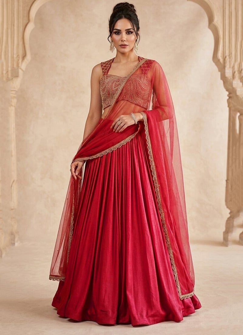 Red Vichitra Silk Zari Cutdana Hand Embroidered Lehenga Wedding Wear