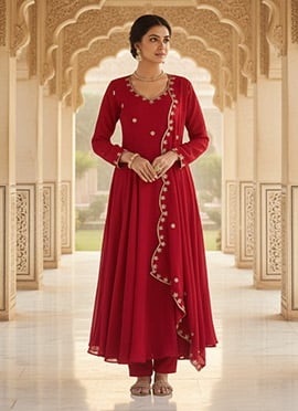 Red Vichitra Silk Zari Embroidered Sequins Anarkali Suit