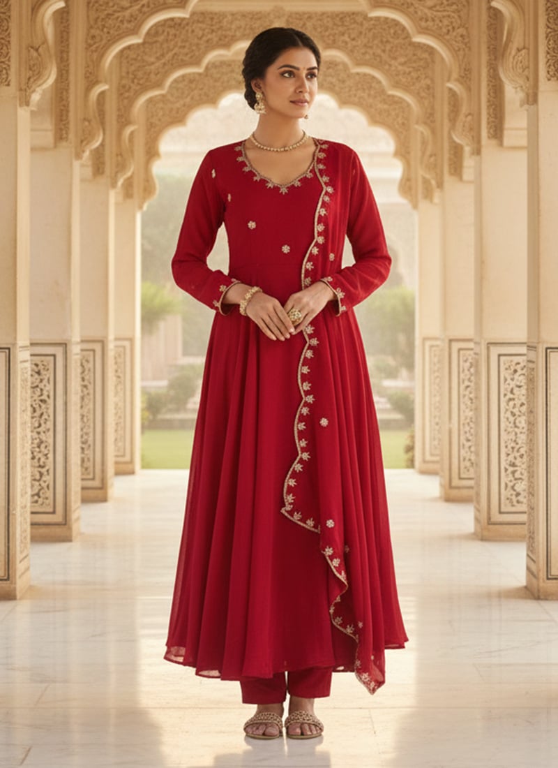 Red Vichitra Silk Zari Embroidered Sequins Anarkali Suit Festive Wear