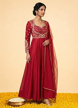 Red Vichitra Silk Zari Sequins Embroidered Anarkali Suit