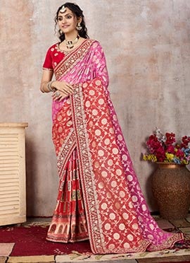 Red Viscose Chanderi Embroidered Saree