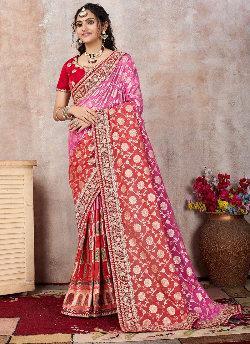 Red Viscose Chanderi Embroidered Saree Party Wear