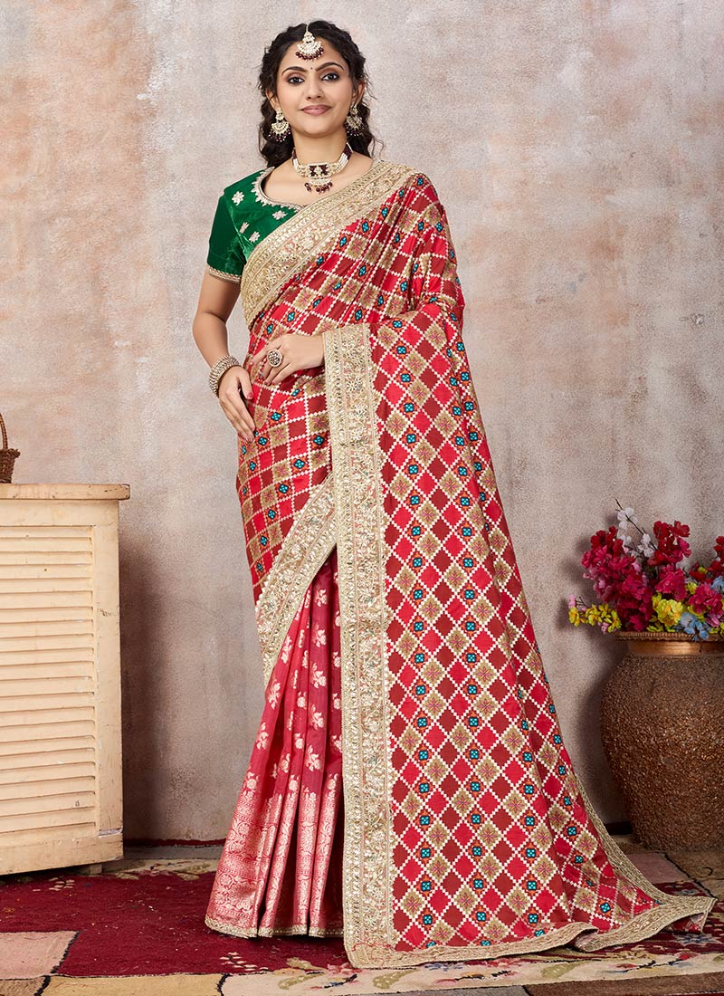 Red Viscose Chanderi Embroidered Saree Party Wear