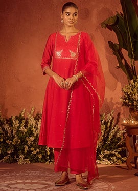 Red Viscose Chanderi Embroidered Sequins Straight Pant Suit