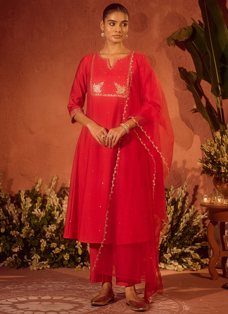 Red Viscose Chanderi Embroidered Sequins Straight Pant Suit Festive Wear