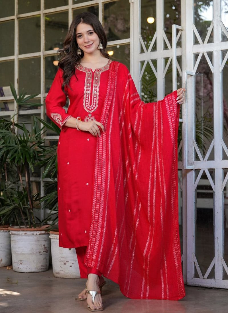 Red Viscose Chanderi Embroidered Sequins Straight Pant Suit With Jacquard Dupatta Festive Wear