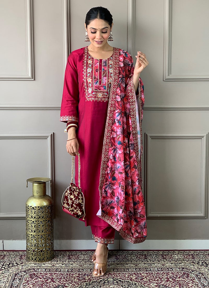 Red Viscose Chanderi Embroidered Straight Pant Suit Festive Wear