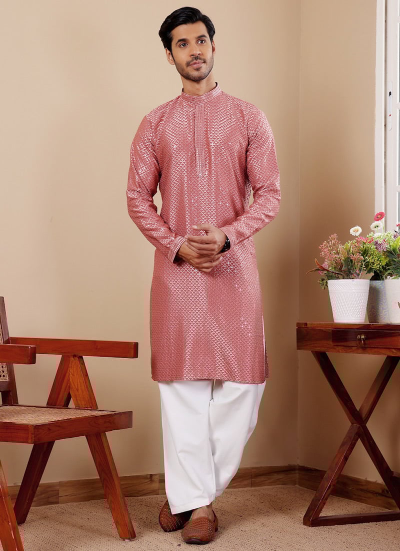 Red Viscose Chikankari Embroidery Kurta Pyjama Festive Wear