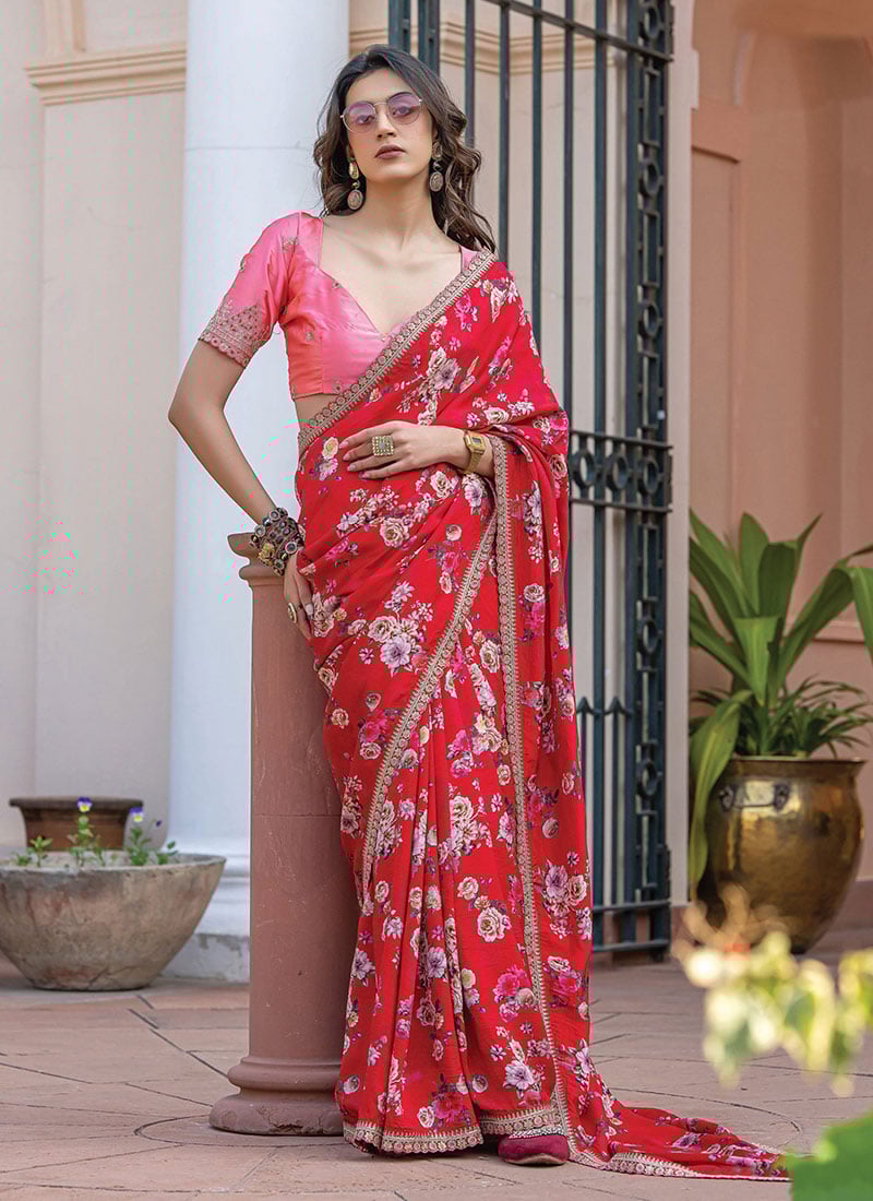 Red Viscose Dola Silk Zari Embroidered Sequins Floral Digital Print Saree Festive Wear
