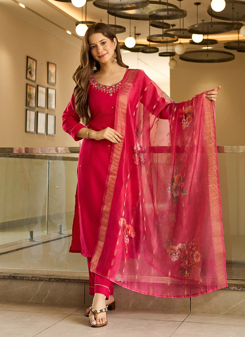 Red Viscose Embroidered Digital Print Straight Pant Suit Festive Wear