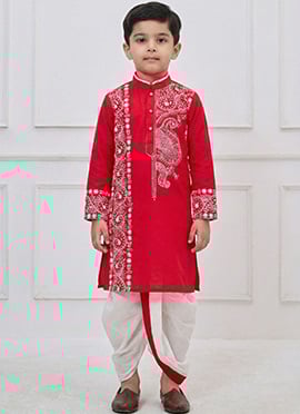 Red Viscose Embroidered Kids Boys Dhoti Kurta Pyjama