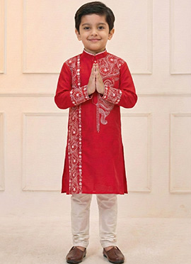 Red Viscose Embroidered Kids Boys Kurta Pyjama