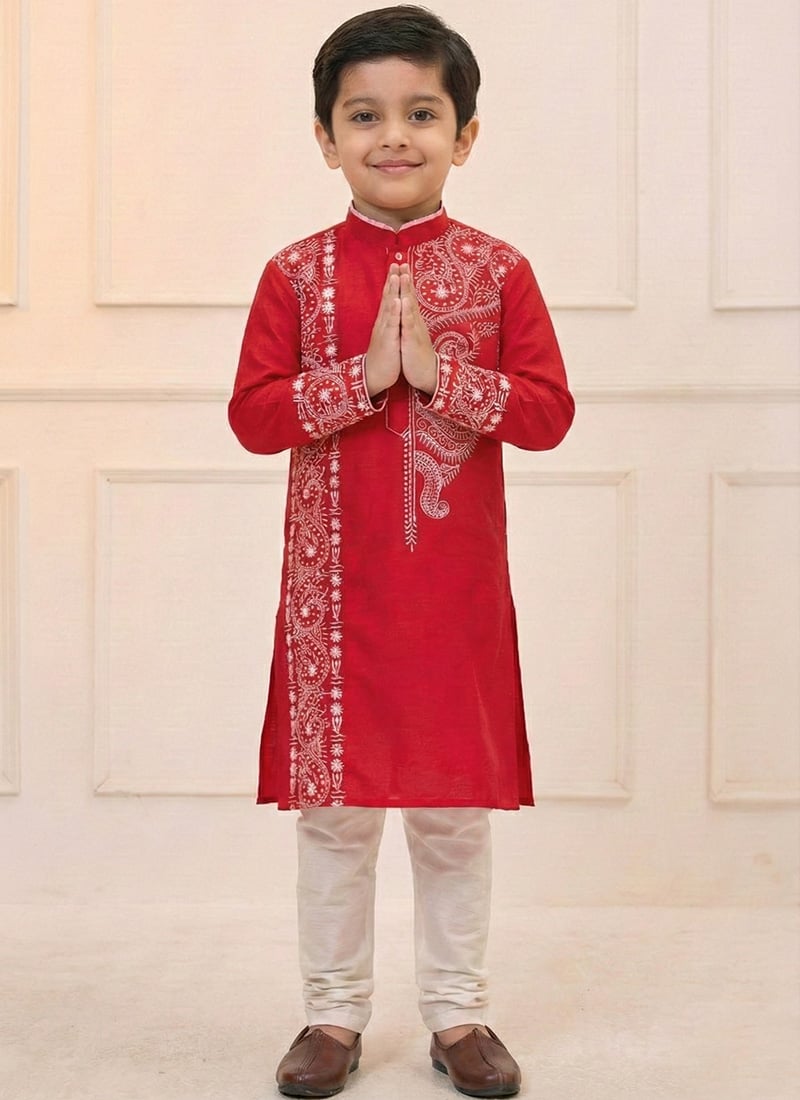 Red Viscose Embroidered Kids Boys Kurta Pyjama Festive Wear