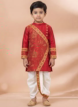 Red Viscose Embroidered Kids Boys Kurta Pyjama