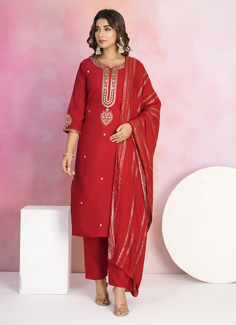 Red Viscose Embroidered Straight Pant Suit After Six Wear