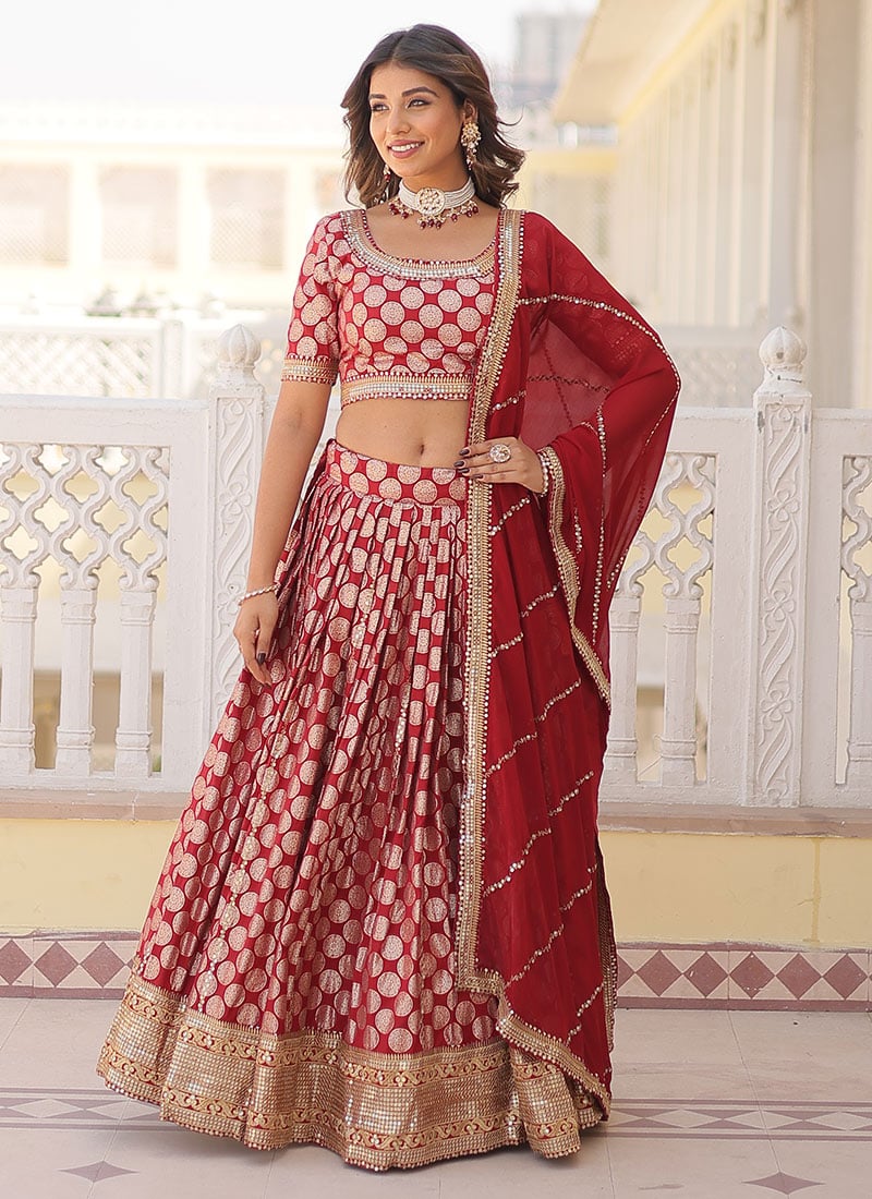Red Viscose Jacquard Party Wear A Line Lehenga With Sequins And Embroidery Party Wear