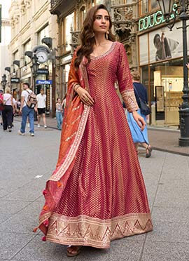 Red Viscose Jacquard Silk Zari Embroidered Sequins Bandhini Anarkali Suit