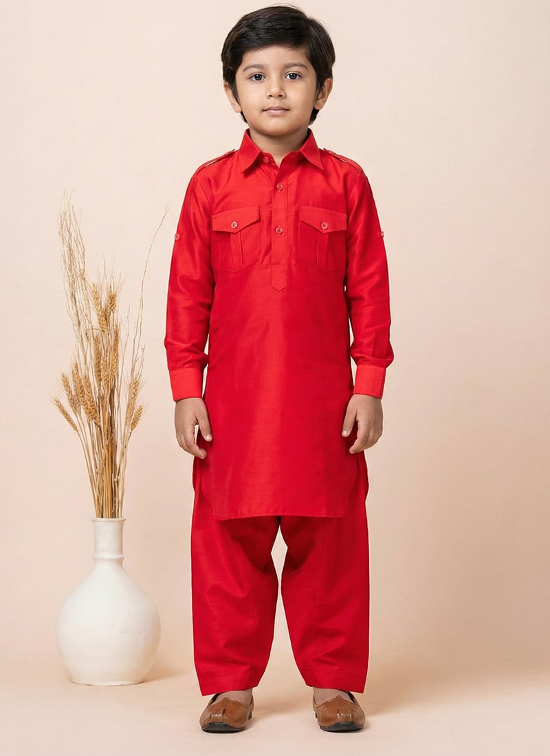 Red Viscose Kids Boys Pathani Set Festive Wear