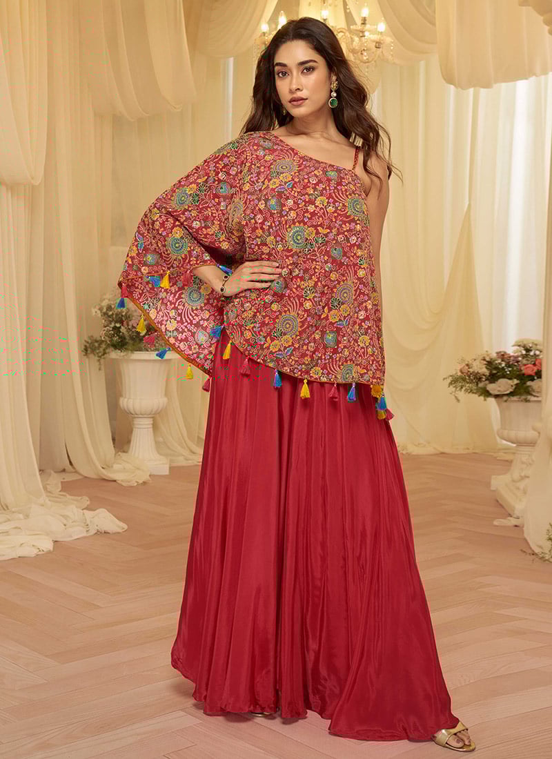 Red Viscose Printed Zari Embroidered Sequins One Shoulder Indowestern Palazzo Set After Six Wear