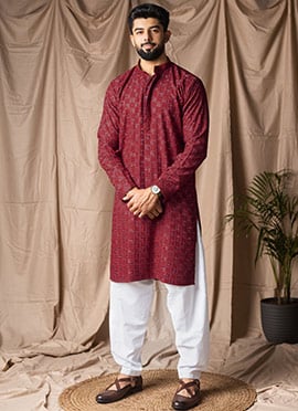 Red Viscose Rayon Embroidered Kurta Pyjama
