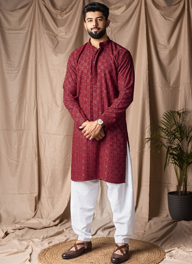 Red Viscose Rayon Embroidered Kurta Pyjama Festive Wear