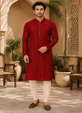 Red Viscose Rayon Embroidered Sequins Kurta For Men