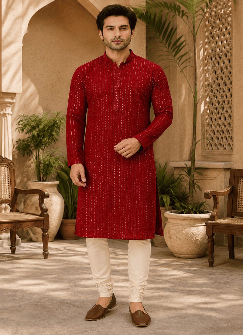 Red Viscose Rayon Embroidered Sequins Kurta For Men