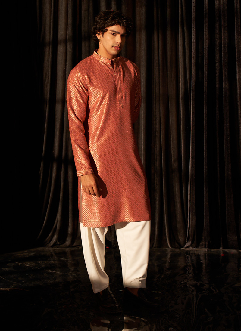 Red Viscose Sequins Kurta Pyjama Festive Wear