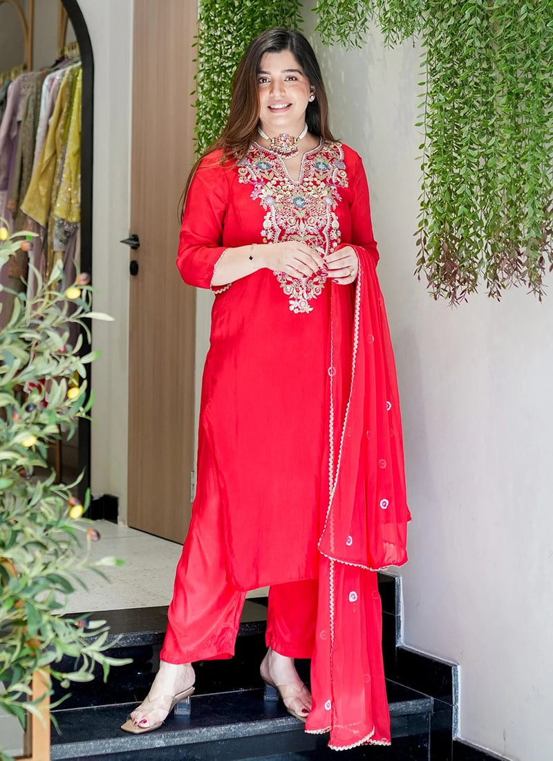 Red Viscose Shimmer Embroidered Palazzo Suit After Six Wear