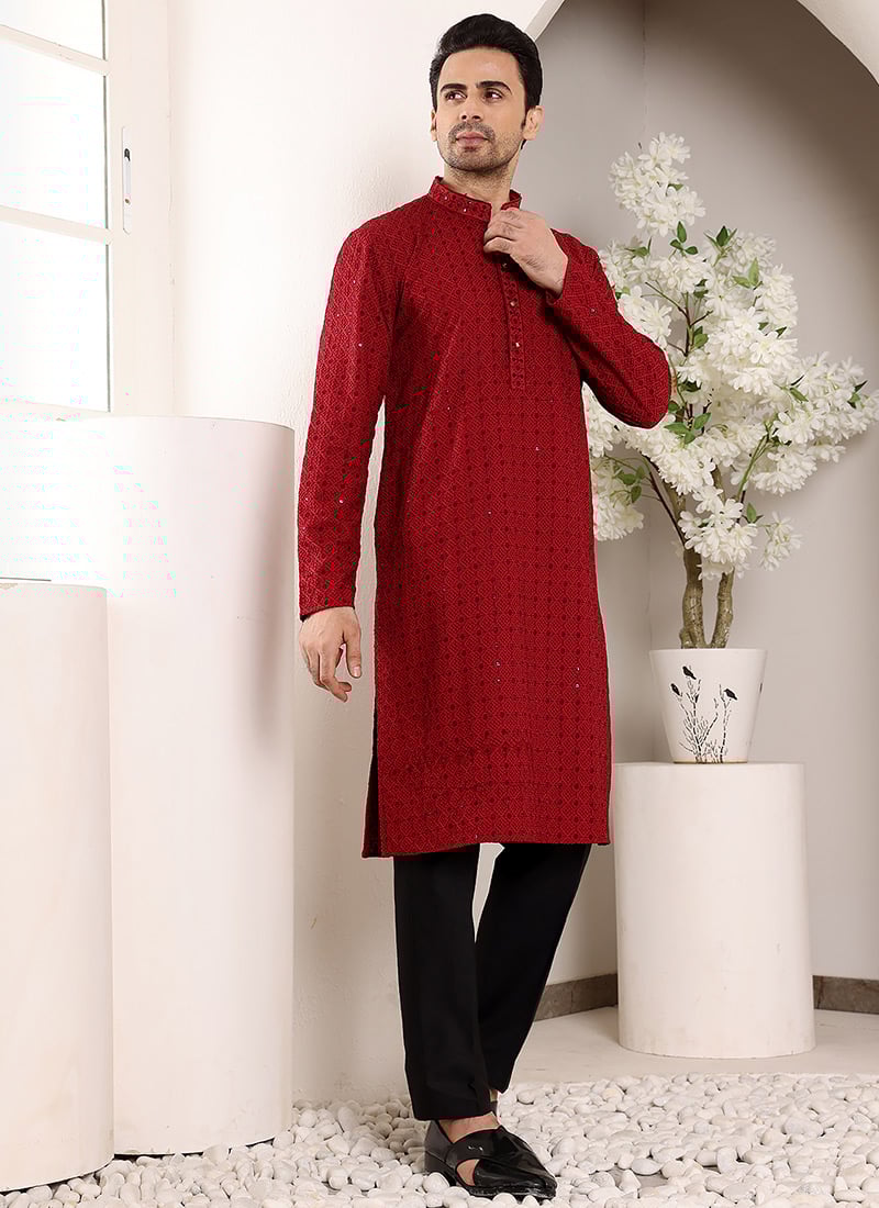 Red Viscose Silk Embroidered Sequin Kurta For Men