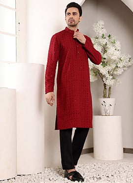 Red Viscose Silk Embroidered Sequins Kurta Pyjama