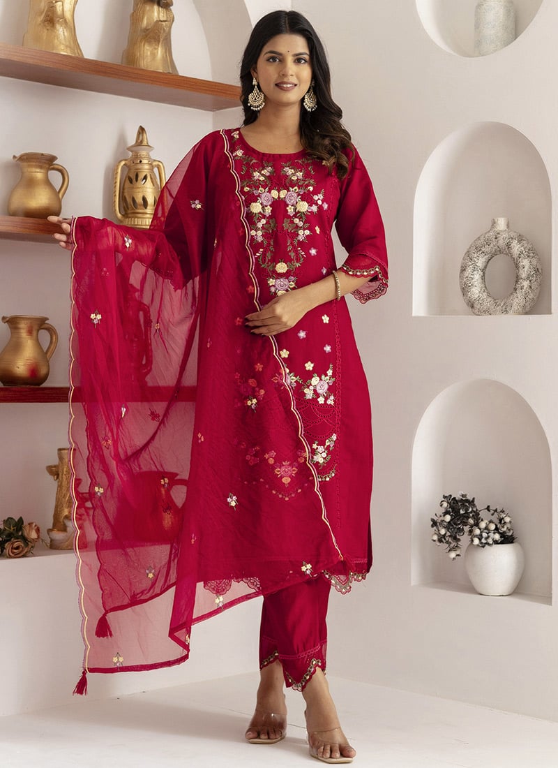 Red Viscose Silk Embroidered Sequins Straight Pant Suit Festive Wear