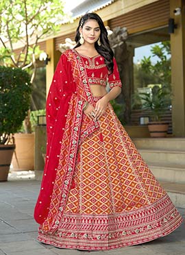 Red Viscose Silk Embroidered Zari And Benarasi Umbrella Lehenga Wedding Wear