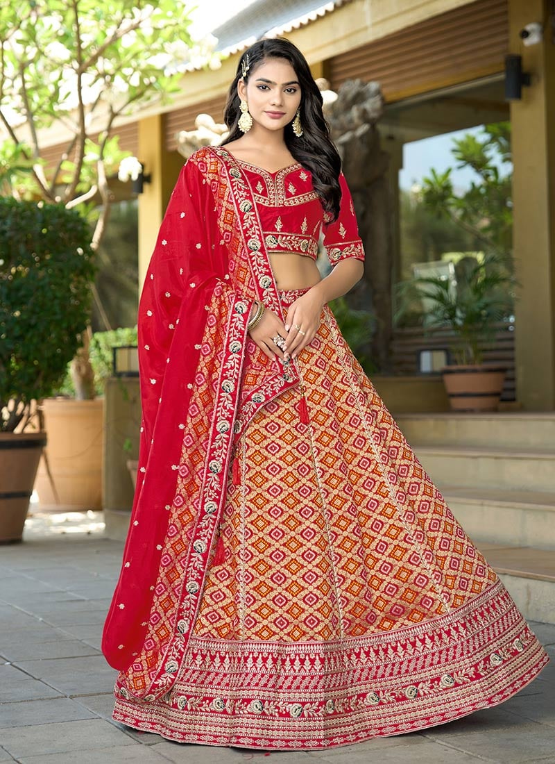 Red Viscose Silk Embroidered Zari And Benarasi Umbrella Lehenga