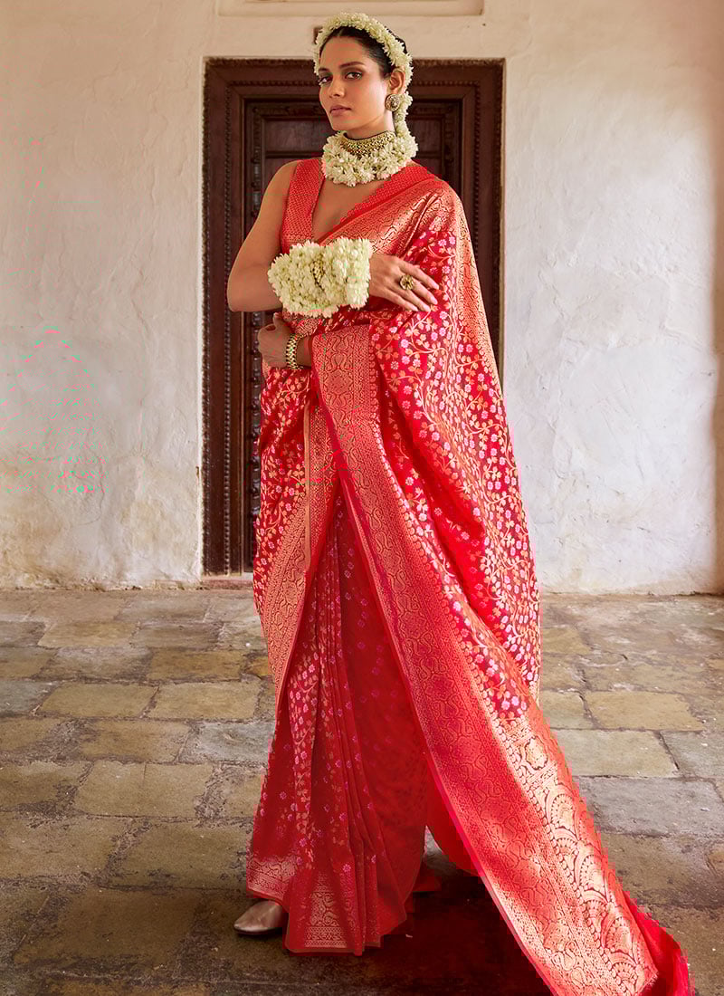 Red Viscose Silk Jacquard Woven Saree