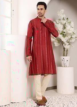 Red Viscose Silk Sequin Kurta For Men
