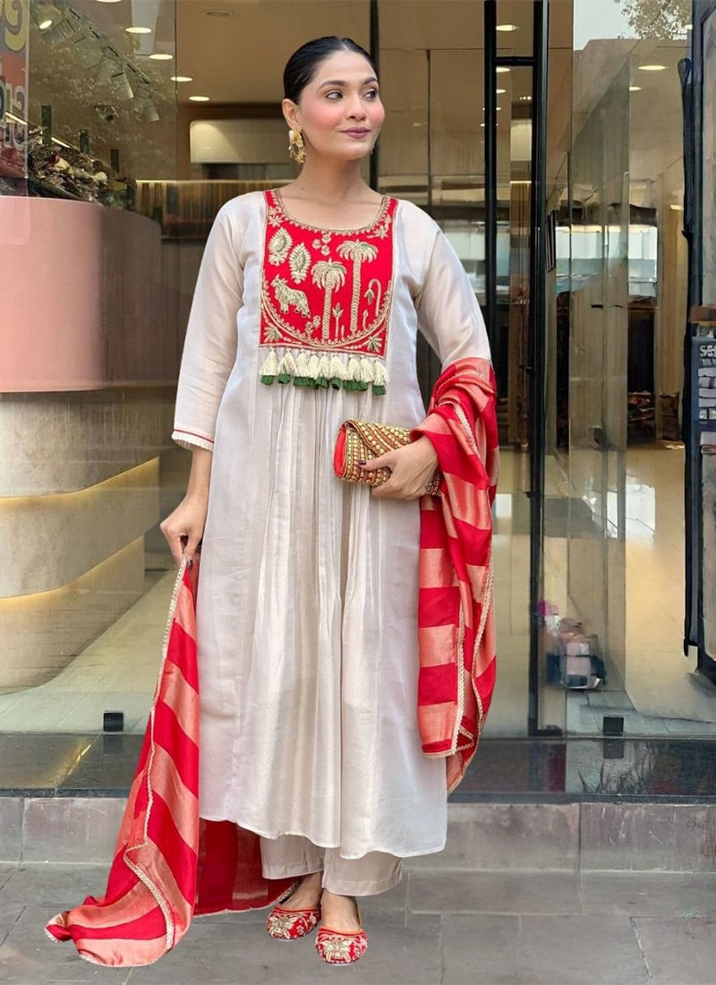 Red Viscose Silk Sequins Anarkali Suit Festive Wear