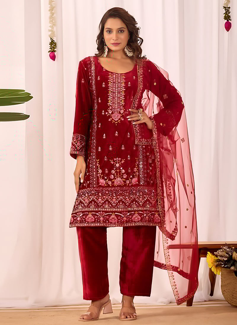 Red Viscose Velvet Embroidered Sequins Straight Pant Suit