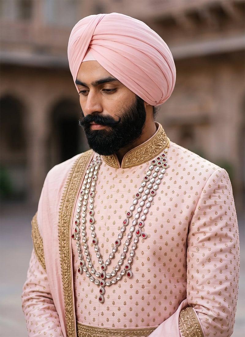 Red White Kundan Layered Mens Mala