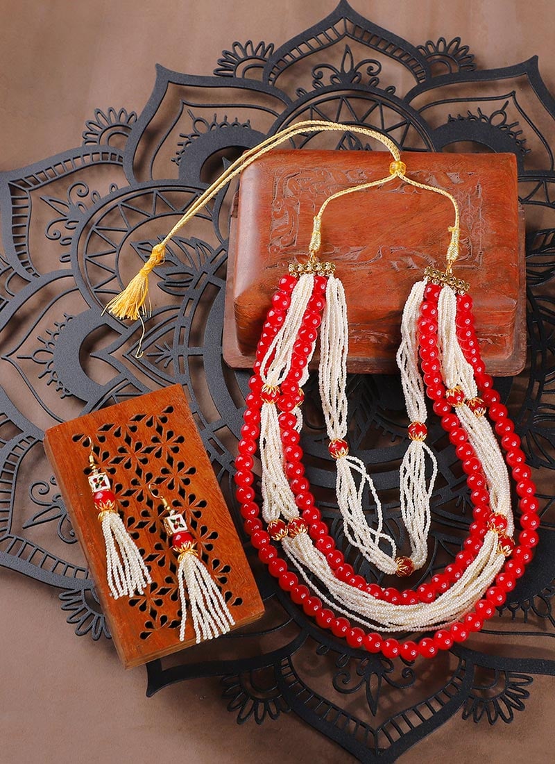 Red White Multi Strand Pearl Bead Gold Plated Necklace Set