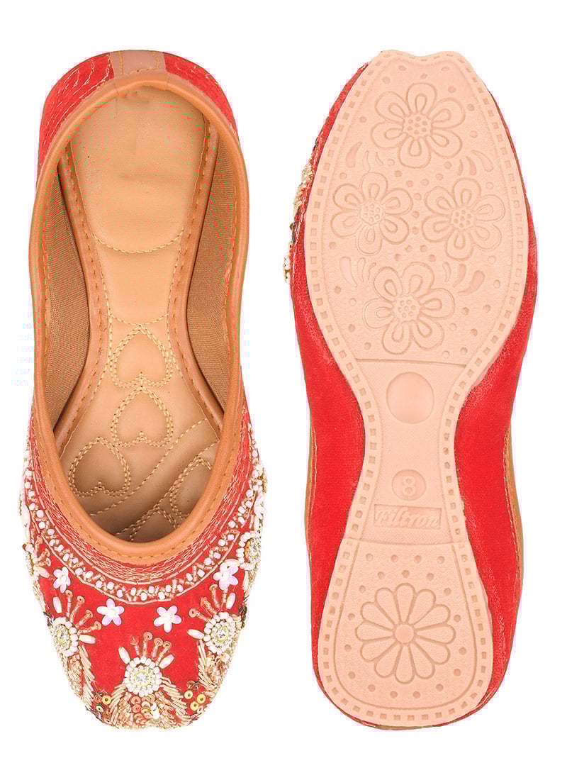 Red Zardosi Hand Embroidered Sequins With Stone And Moti Work Juti