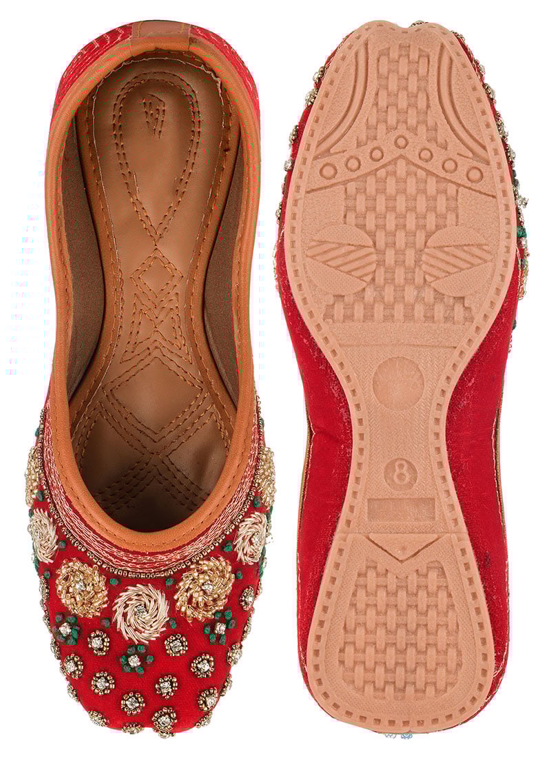 Red Zardosi Hand Embroidered With Stone Work Juti