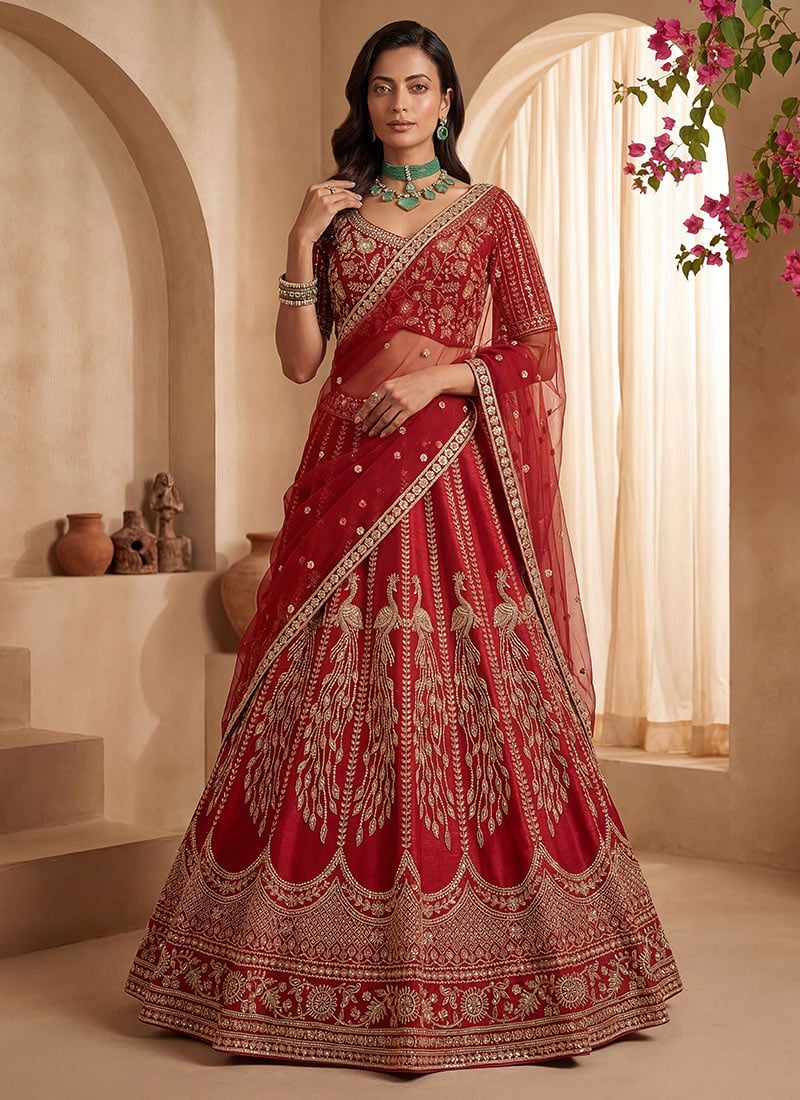 Red Zari Hand Embroidered Sequins Gadhwal Silk Bridal Lehenga Set Wedding Wear