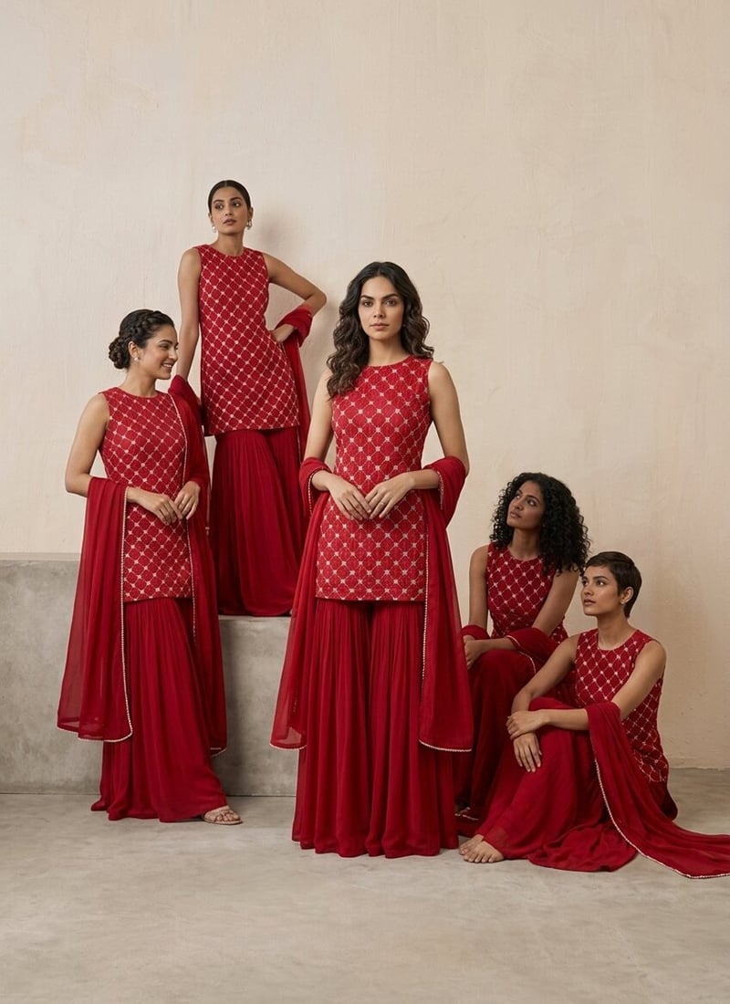 Red Zari Sequins Cut Out Back Silk Sharara Suit Festive Wear