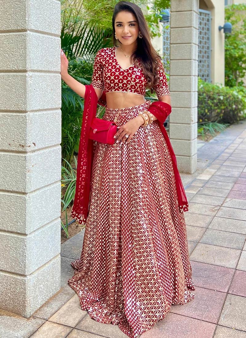 Red Zari Sequins Embroidered Faux Georgette Lehenga Wedding Wear
