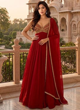 Red Zari Sequins Georgette Anarkali Suit